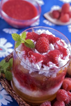 raspberry dessert with rice puree and apple jelly