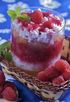 raspberry dessert with rice puree and apple jelly