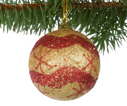christmas ball on fir branch, isolated over while background