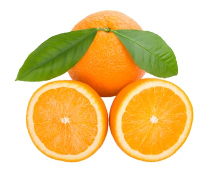 close-up oranges with leaves, isolated on white