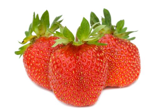 three ripe strawberries, selective focus, isolated on white