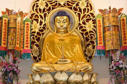 Golden buddha image in chinese temple, Nakhon Nayok, Thailand