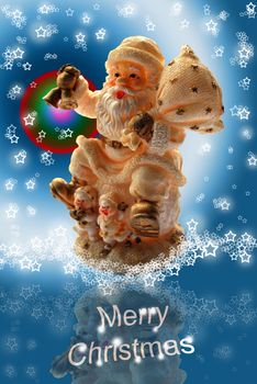 Merry Christmas Greeting Bright Card with Santa Claus, Lacy Starry Snowflakes and Blue Background