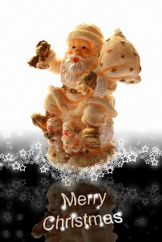 Merry Christmas Greeting Card with Santa Claus, Lacy Starry Snowflakes and Black White Background