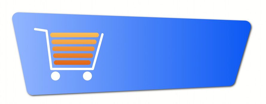 Blue shopping cart button with a shopping cart on white background.