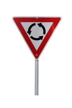 Roundabout Warning Sign for right-hand traffic (reflective). Isolated on white.