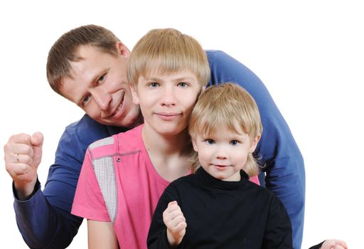 The father with two sons isolated on white background