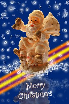 Merry Christmas Greeting Card with Santa Claus, Lacy Starry Snowflakes and Blue Background