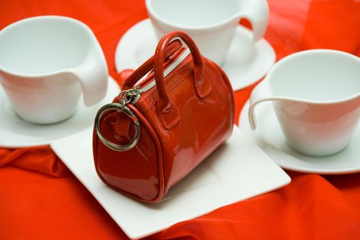 Red elegant female handbag the beautician on a red fabric among white ware