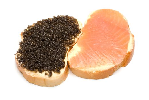 Sandwiches with a salmon and sturgeon caviar it is isolated on a white background.