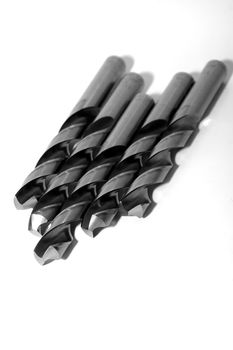 Steel drills HSS (High Speed Steel) on a white background