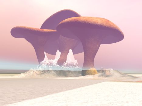 Huge mushrooms grow in this misty fantasy world of giant plants.