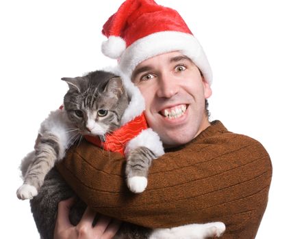 A young man and his cat are dressed for Christmas, isolated against a white background