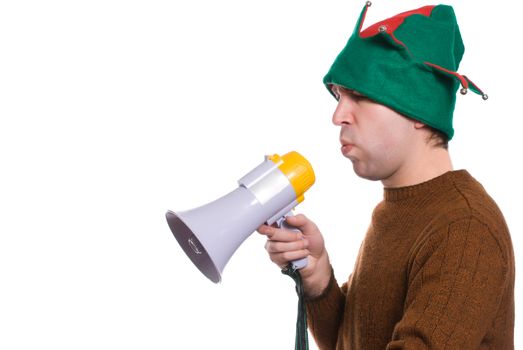 Profile view of an adult elf using a megaphone to say something, isolated against a white background