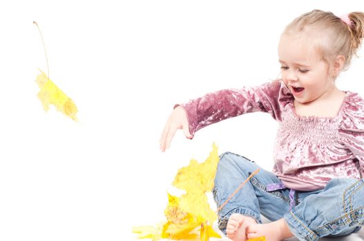 Shot of toddler playing with muple leaves in studio