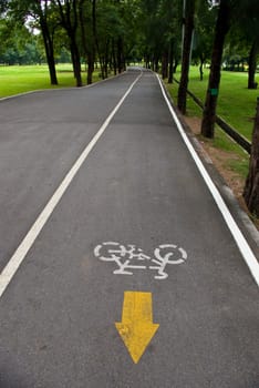 Bike way sign on the road in the park