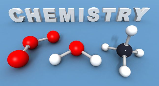a 3Drender of some text and molecules to illustrate the word chemistry