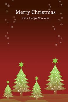 Christmas tree with red sky bakground, Greeting card background