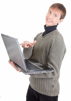 young man  handing  laptop on white background