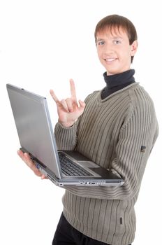 young man  handing  laptop on white background