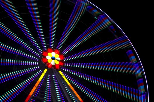 motion blur of a colorful ferris wheel at night