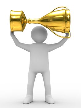 winner with gold cup on white background. Isolated 3D image