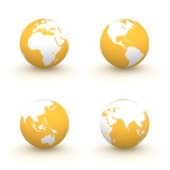 four views of a 3D globe with white continents and a orange ocean