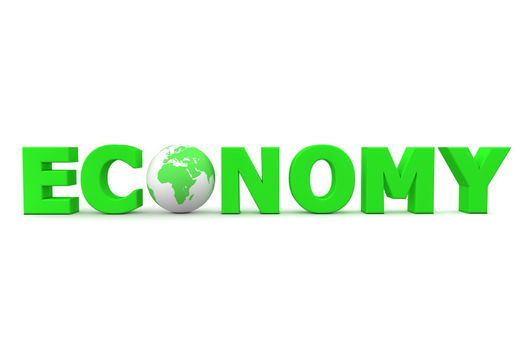 green word Economy with 3D globe replacing letter O