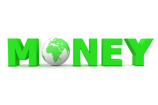 green word Money with 3D globe replacing letter O
