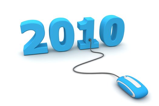 modern blue computer mouse connected to the blue date 2010 - welcome the new year