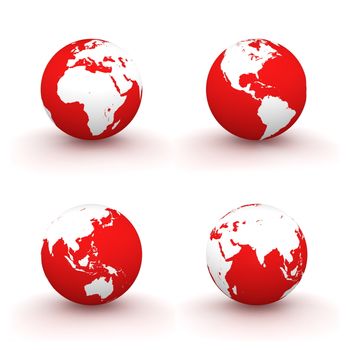 four views of a 3D globe with white continents and a red ocean