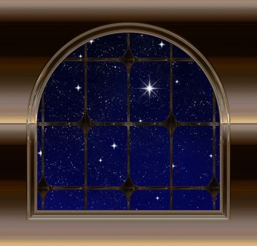 gothic or science fiction window looking into starry night sky with wishing star