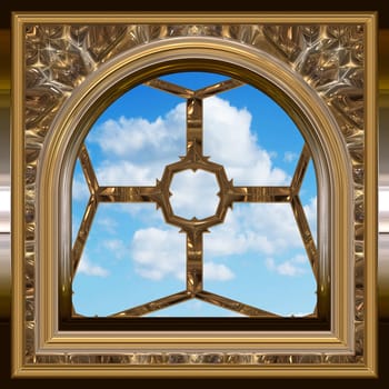 image of a gothic or science fiction window looking onto cloudy blue sky