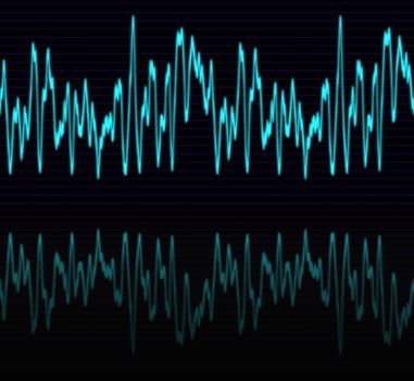 image of a glowing audio or sine wave with reflection