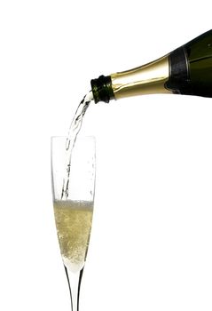 filling a glass cup with champagne wine isolated on withe background