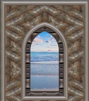 gothic or science fiction window looking onto a beautiful beach