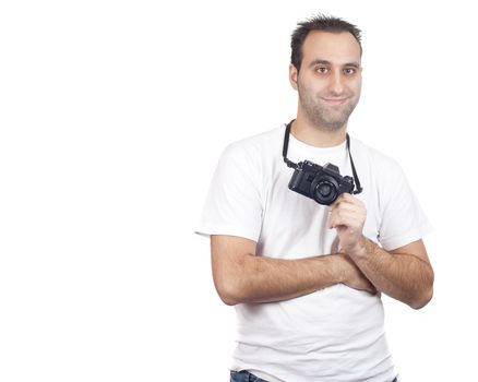 a photographer with a vintage analogic photographic camera isolated on withe background