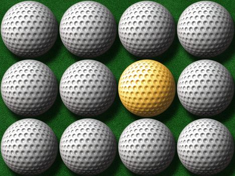 a dozen golf balls one of which is gold 