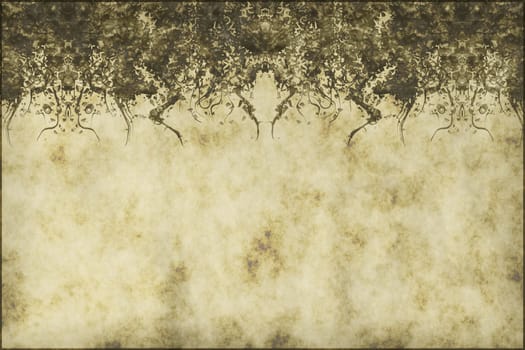 large illustration of vines on worn and weathered parchment
