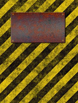 old grungy yellow warning sign with rusted metal plaque 