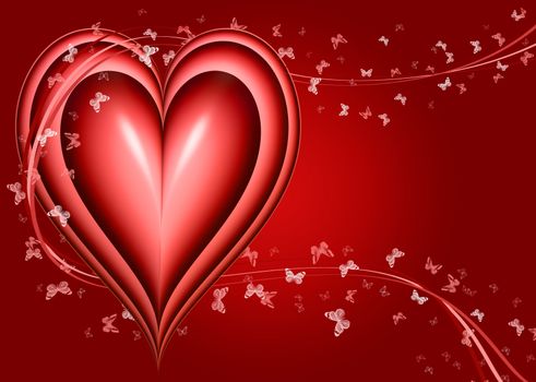 a big red heart with ribbons and butterflies