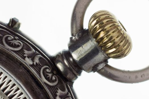 Macro shot antique old silver pocket watches on a white background, photo for yours design, postcard, album, cover, scrapbook, etc.