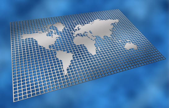 world map in silver on a metal grid pattern
