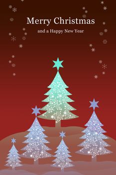 Green and blue christmas tree with red sky background, Christmas card background