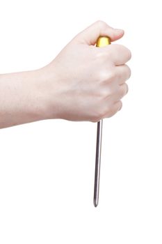 hand with a screwdriver tool isolated over a white background