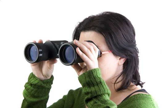 a woman watching through binoculars isolated over a withe background