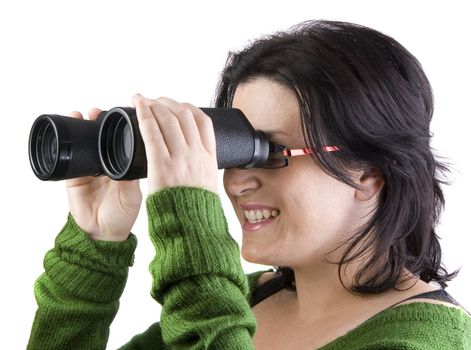 a woman watching through binoculars isolated over a withe background