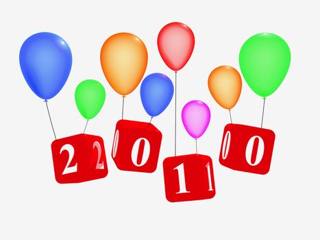 3d red cubes with figures makes 2010 with colour balloons, over white background