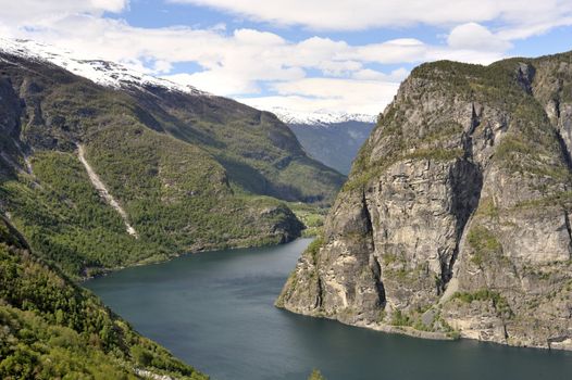 The turn of the quiet river between mountains in Norway