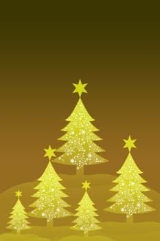 Yellow christmas tree and Golden background, Christmas card background